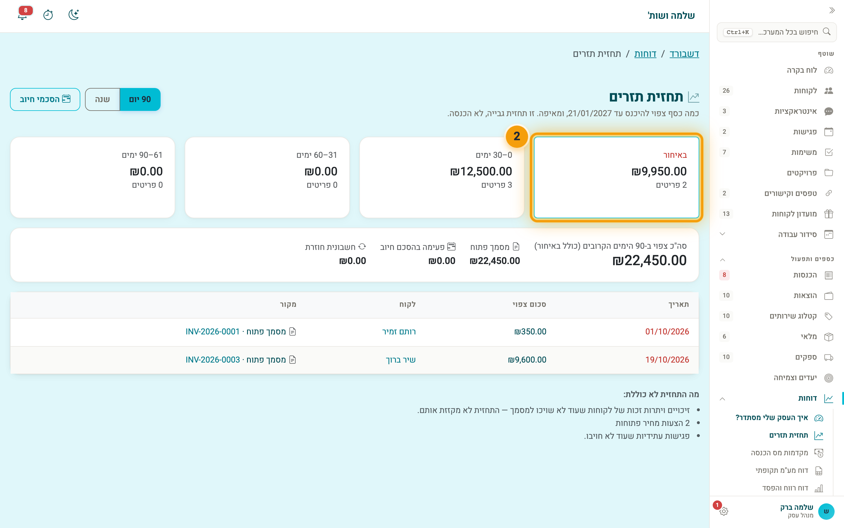 הכרטיס באיחור מסומן, והטבלה מציגה רק את הפריטים שבאיחור