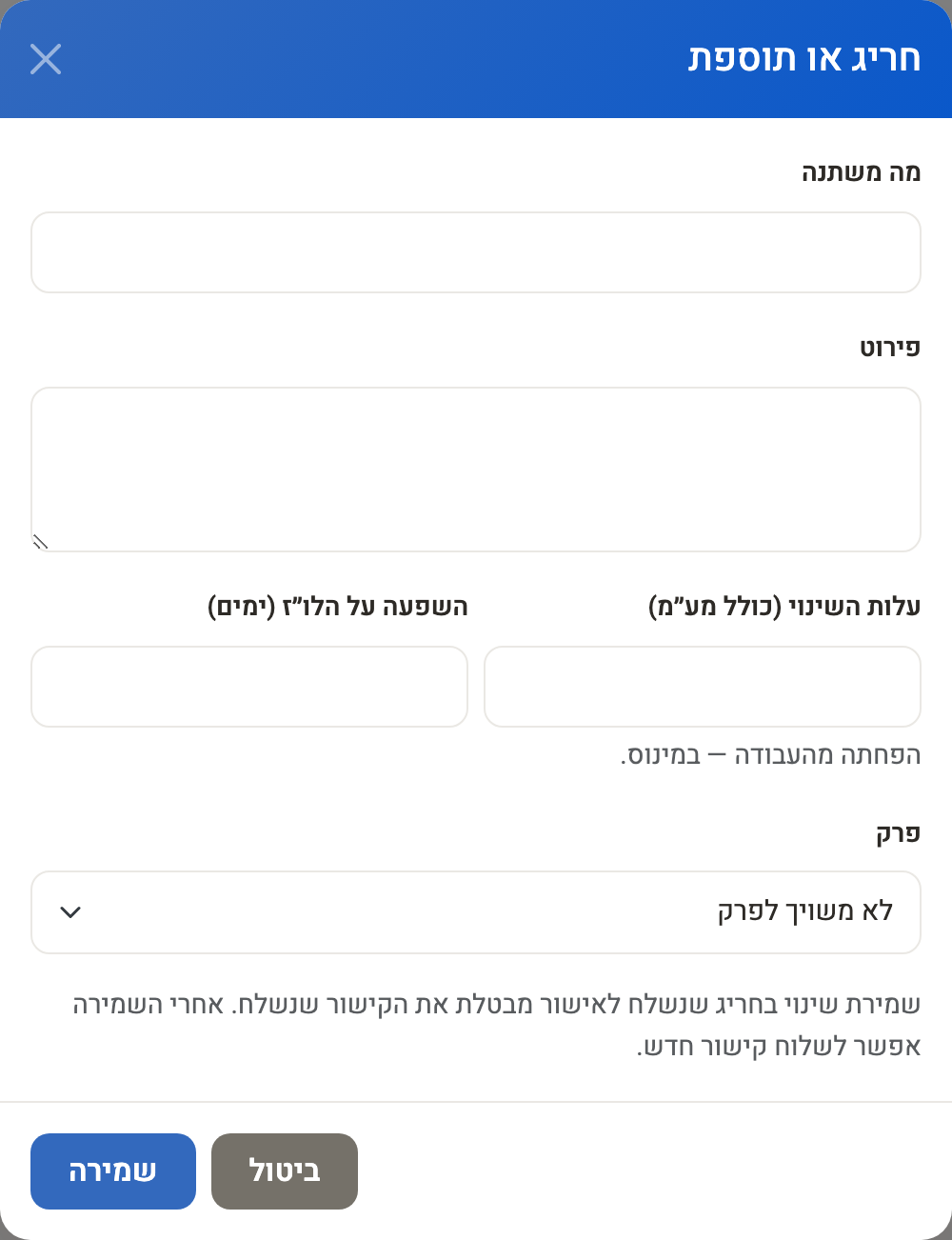 חלון חריג או תוספת: מה משתנה, פירוט, עלות, השפעה על הלו״ז ופרק