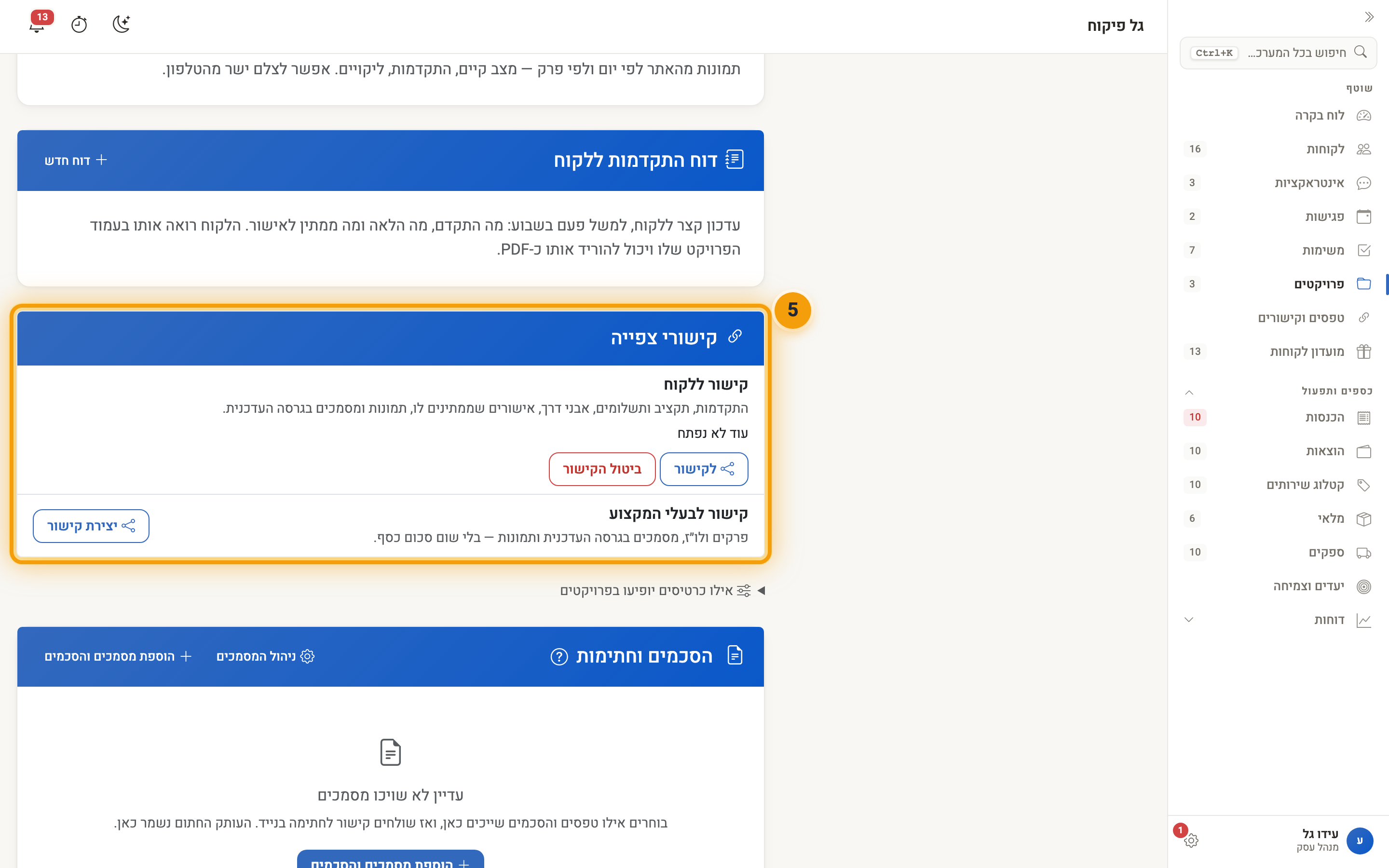 כרטיס קישורי הצפייה: קישור ללקוח וקישור לבעלי המקצוע