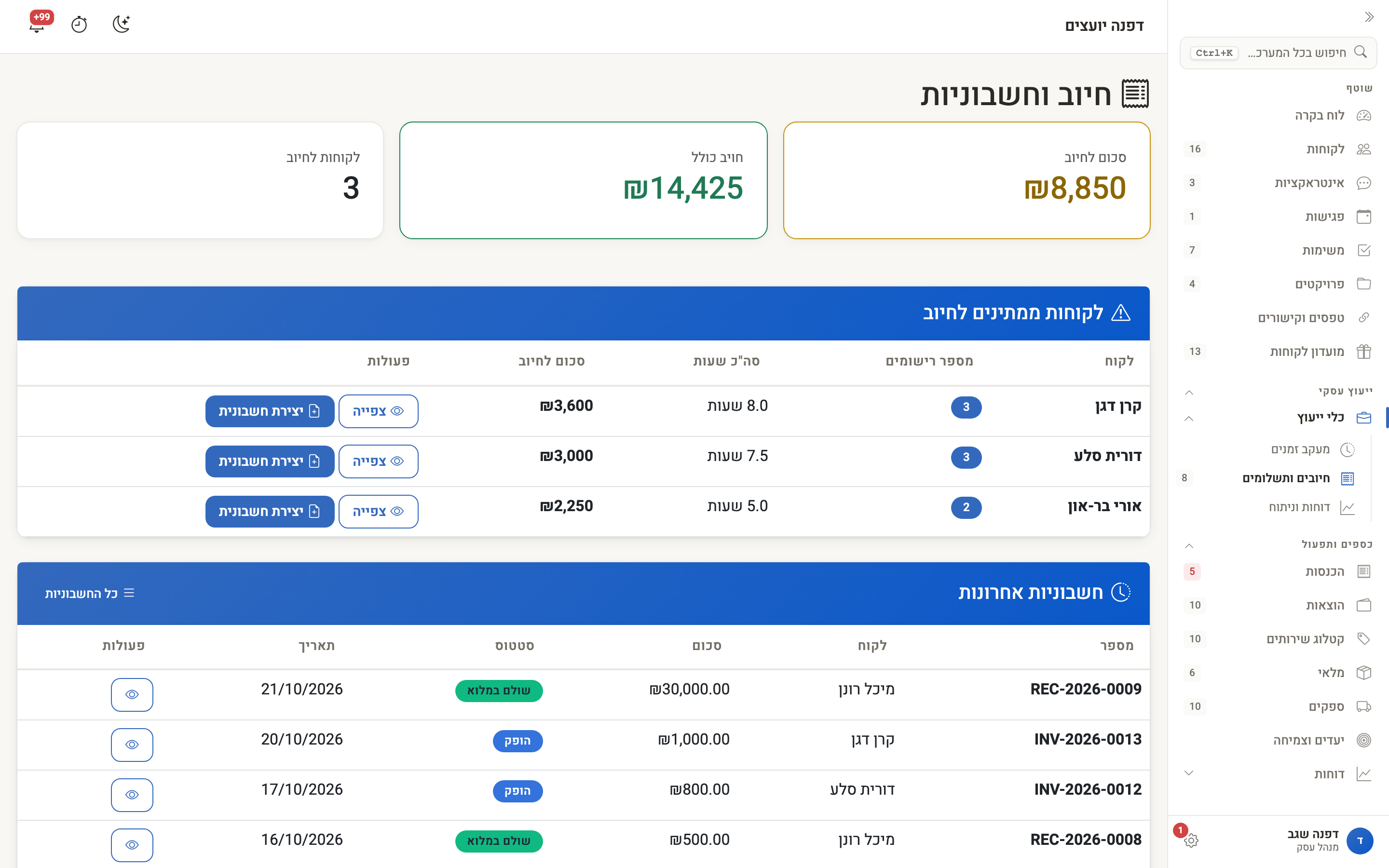 מסך חיוב וחשבוניות: הסיכומים, הלקוחות שממתינים לחיוב והחשבוניות האחרונות