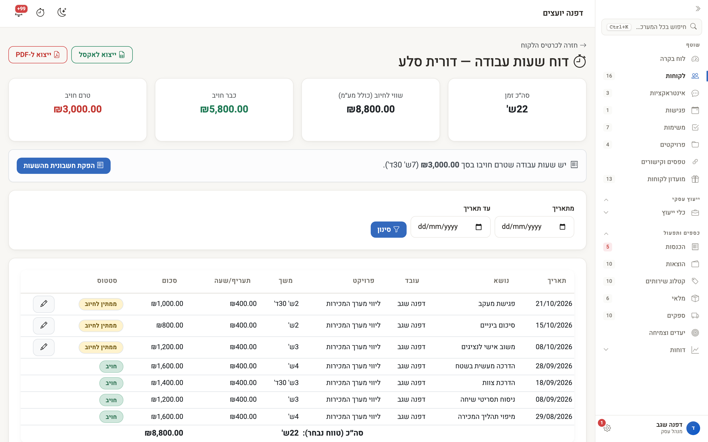 דוח שעות עבודה של לקוח: הסיכומים, הפקת חשבונית מהשעות, ורשימת הרישומים עם סטטוס החיוב