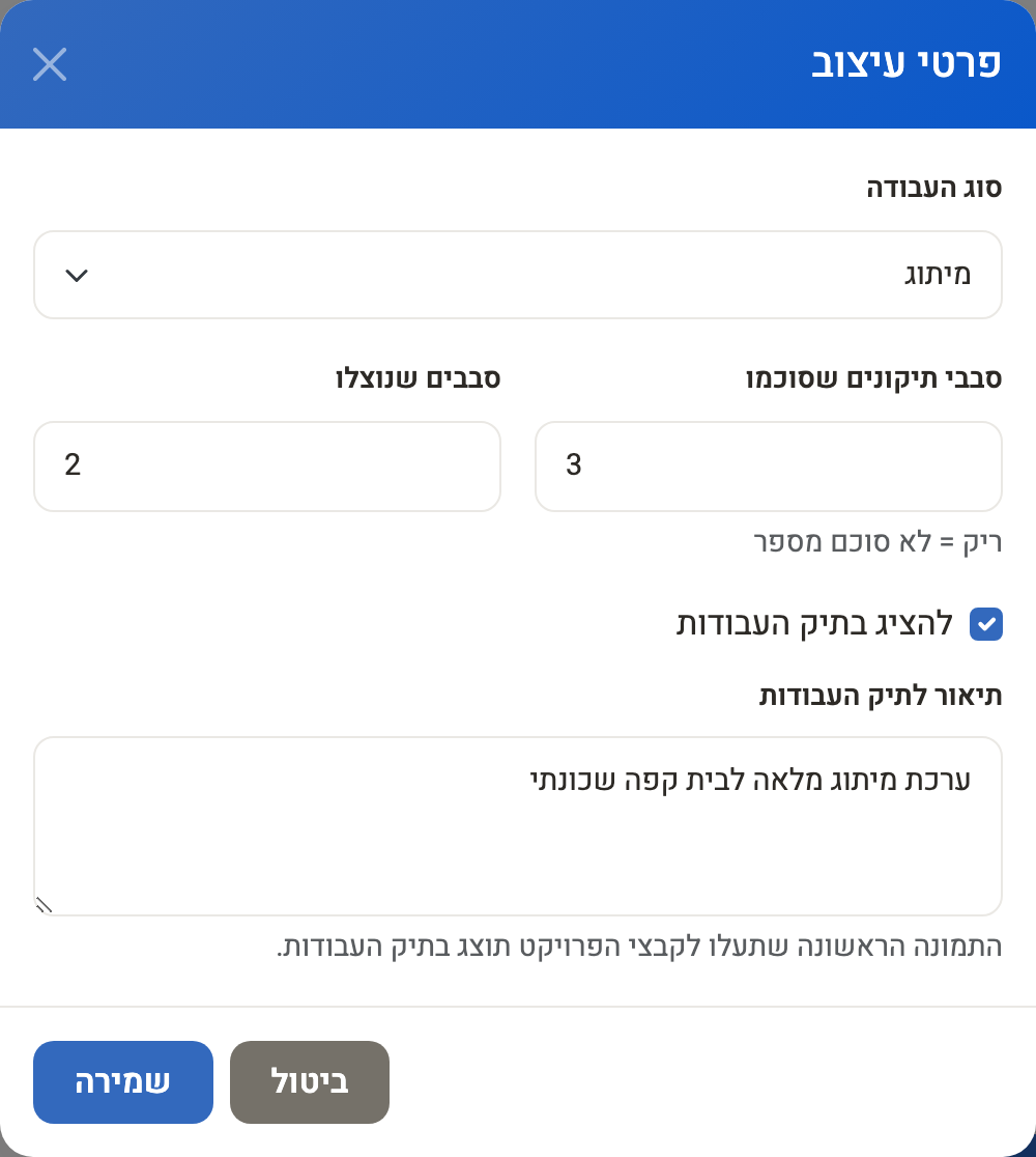 חלון פרטי עיצוב: סוג העבודה, סבבי תיקונים, הצגה בתיק העבודות ותיאור