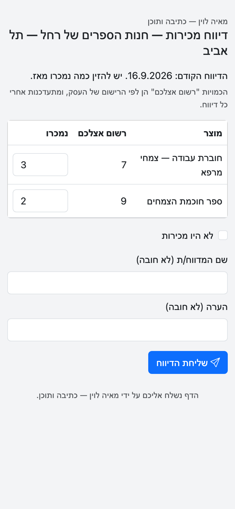 דף הדיווח שהחנות רואה בטלפון: המוצרים, הכמות הרשומה ושדה לכמות שנמכרה