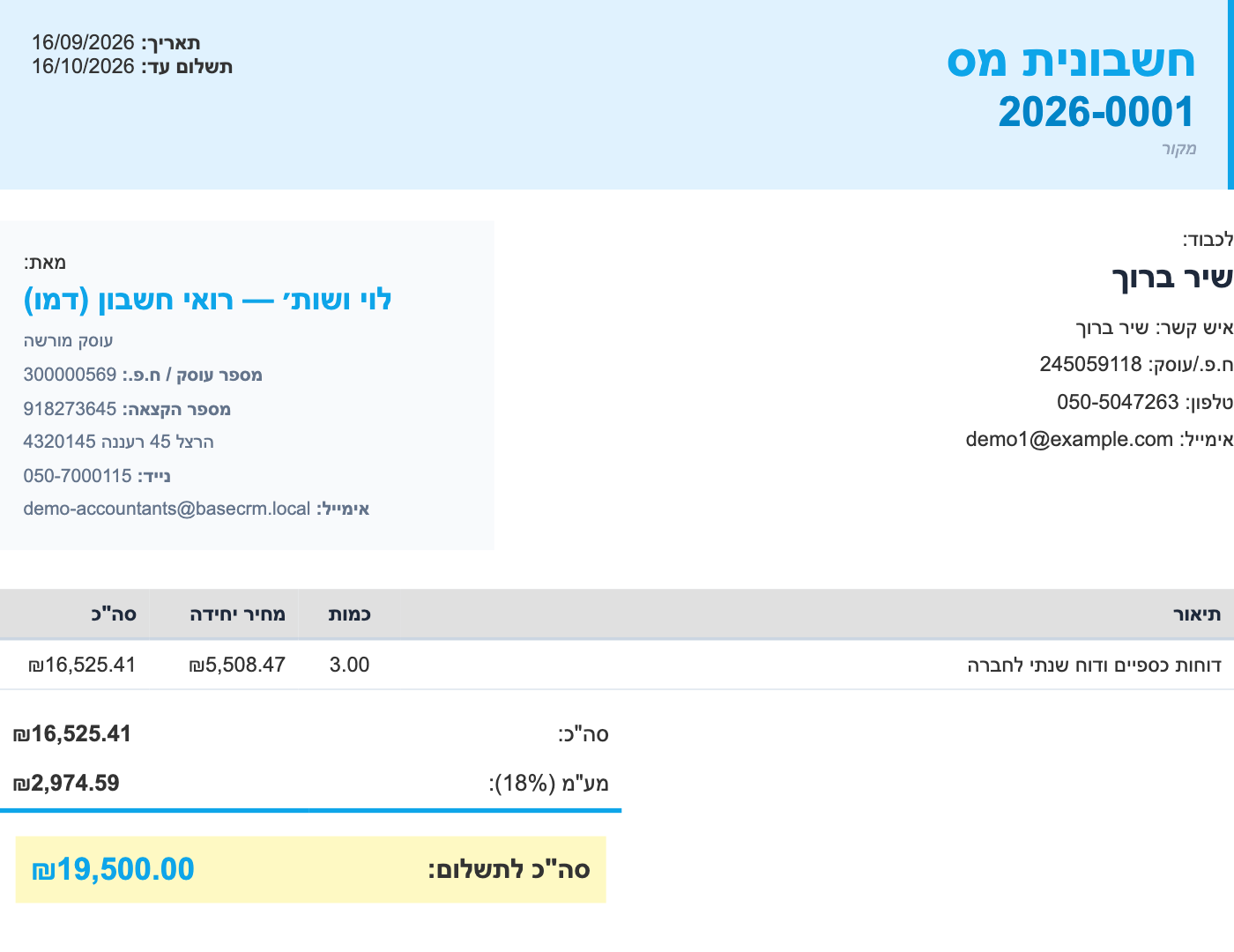 צילום מסך — חשבונית מס שהופקה, עם מספר ההקצאה בפרטי העסק המנפיק ופירוט הסכומים
