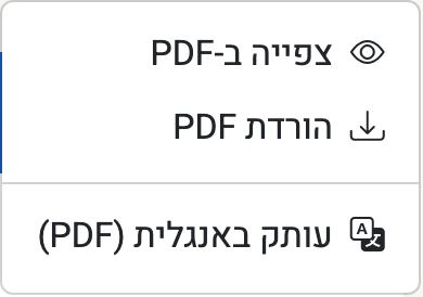 צילום מסך — תפריט ה-PDF של חשבונית: צפייה, הורדה ועותק באנגלית