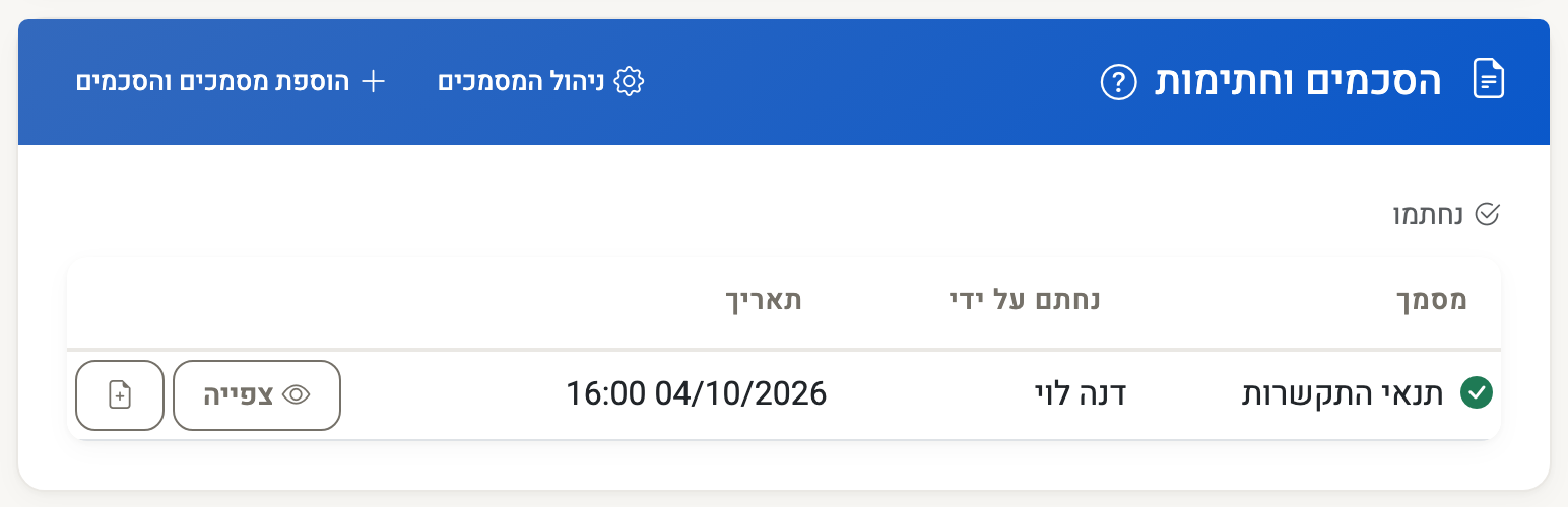 צילום מסך — כרטיס ההסכמים והחתימות באירוע: הסכם שנחתם דיגיטלית, עם שם החותם ותאריך