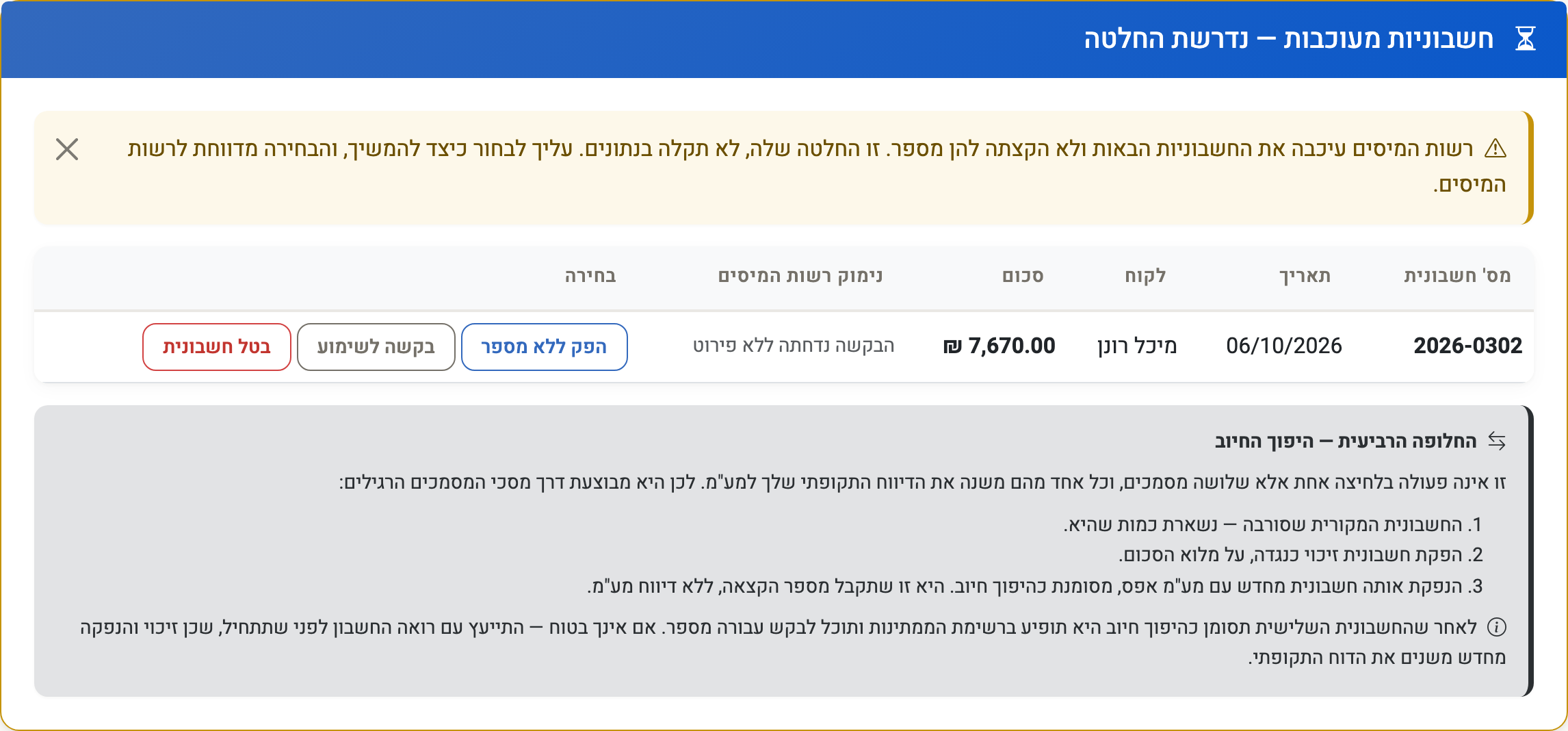 צילום מסך — חשבונית שרשות המסים עיכבה: ההסבר, האפשרויות להפיק ללא מספר, לבקש שימוע או לבטל את החשבונית, והחלופה של היפוך החיוב